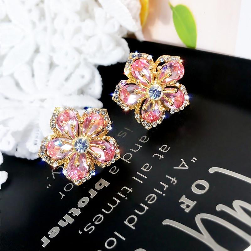 Floral Zircon Silver Needle Earrings With Rose Design For Elegant Women