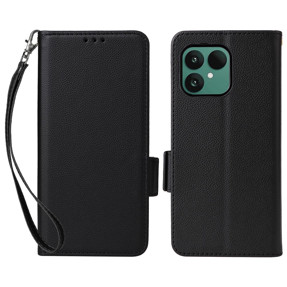 For Fairphone 6 Case with Wrist Strap Litchi Texture PU Leather Wallet Phone Cover