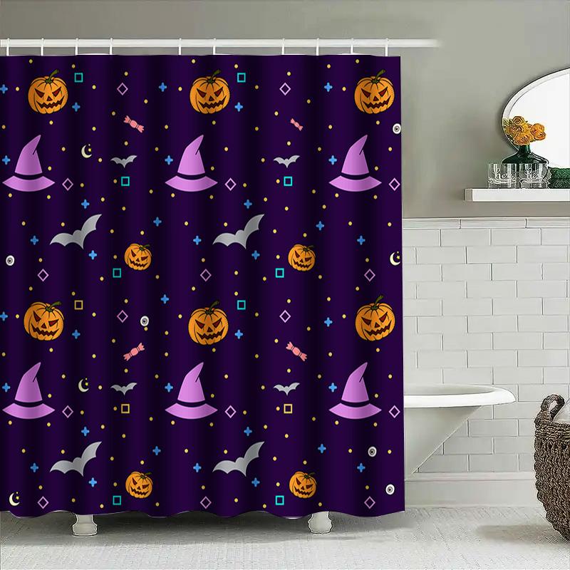 Purple Halloween Shower Curtain With Pumpkin Witches Hat Bats Candy Cane Pattern For Bathroom Decor In Home Accessories