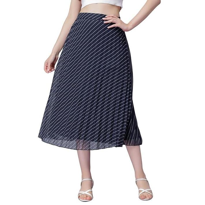 Blue Lahriya Printed Midi Pleated Skirt Set Indian Women Casual Wear Skirt Dress S