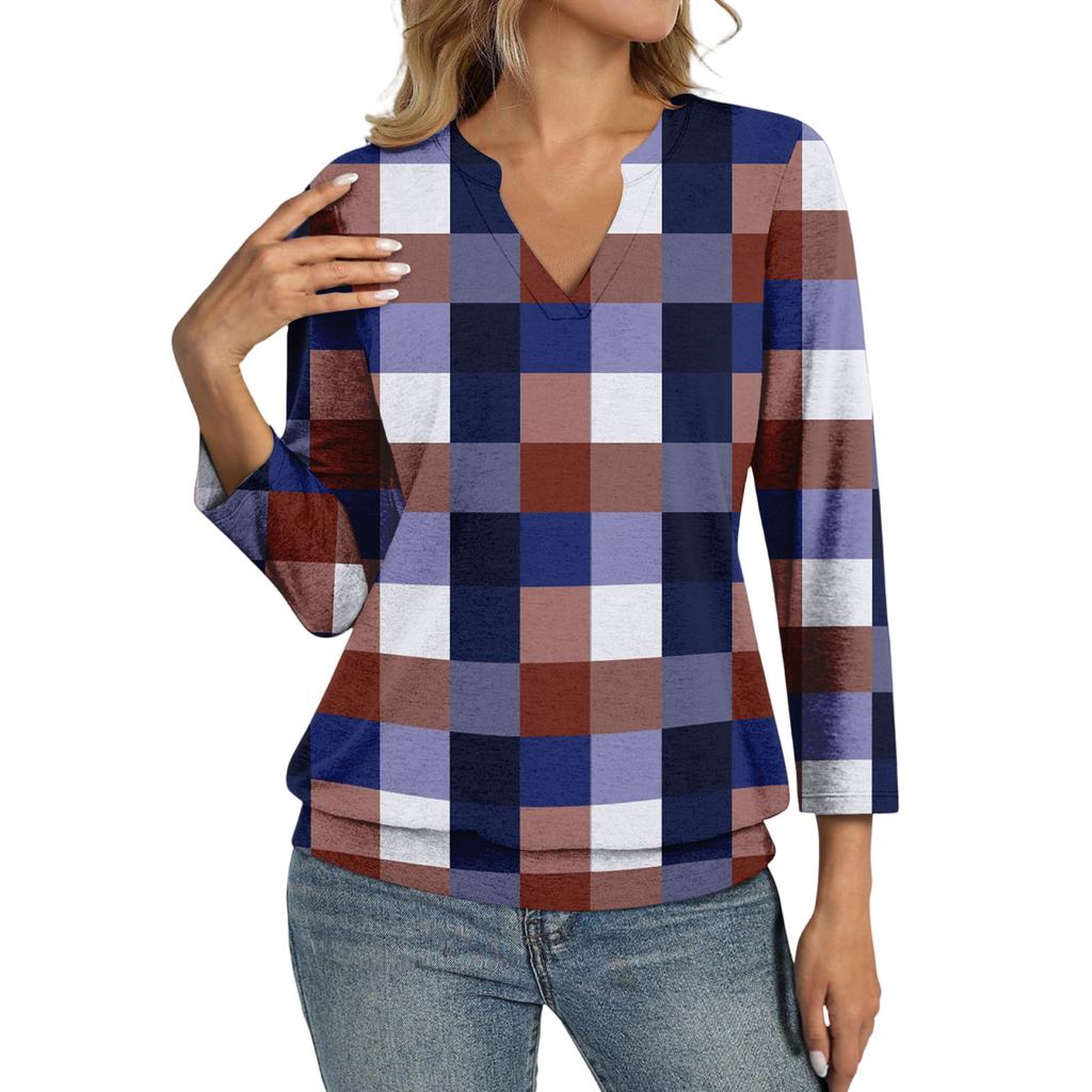 Women's 3/4 Sleeve Top Neck Hem V,Neck Summer Casual ,Shirt Plaid Printed Top