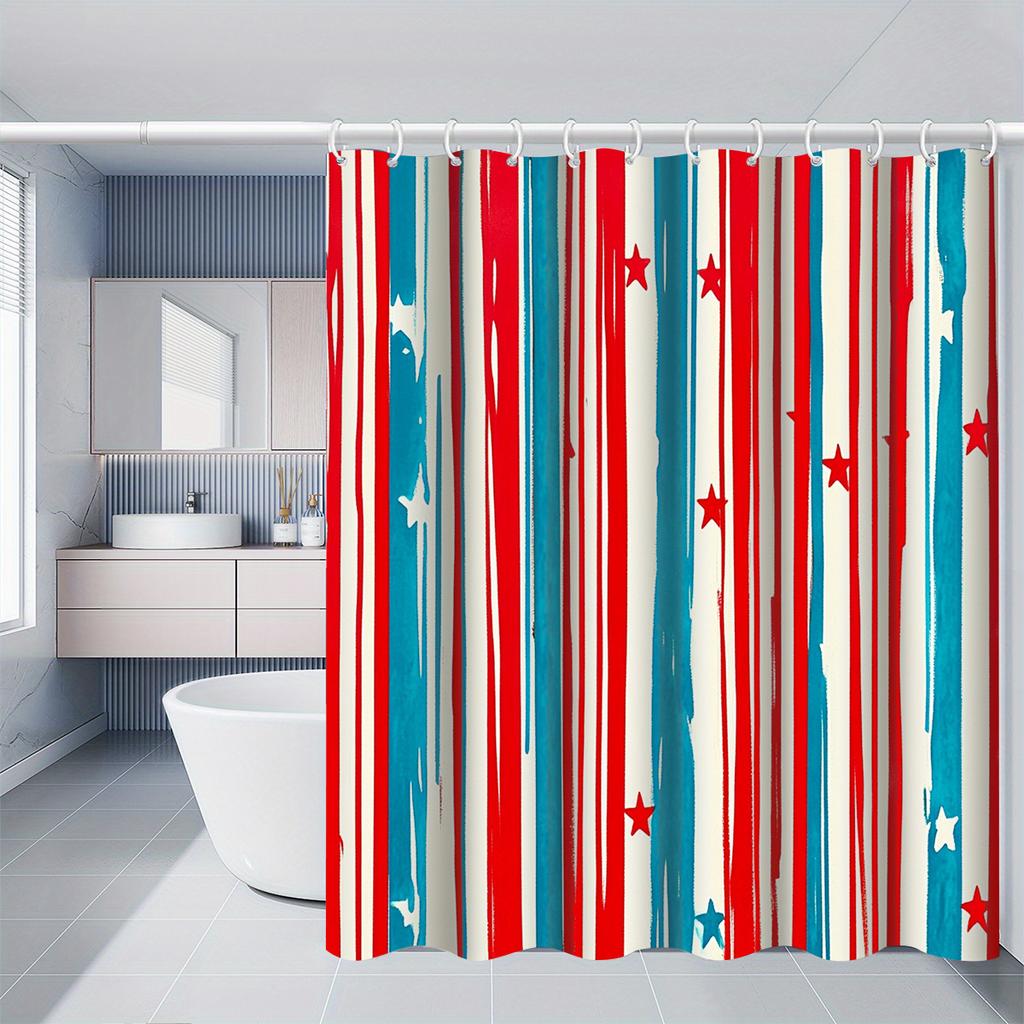 Watercolor Stripe & Star Shower Curtain 1Pc With 12 Hooks For Bathroom Home Decor Polyester 2D Flat Print 70.8X70.8 Inch