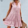 DX~~2023 Summer Europe and America V-neck Sexy Solid Color Dress Irregular Splice Sleeveless Commuter Big Swing Dress Women