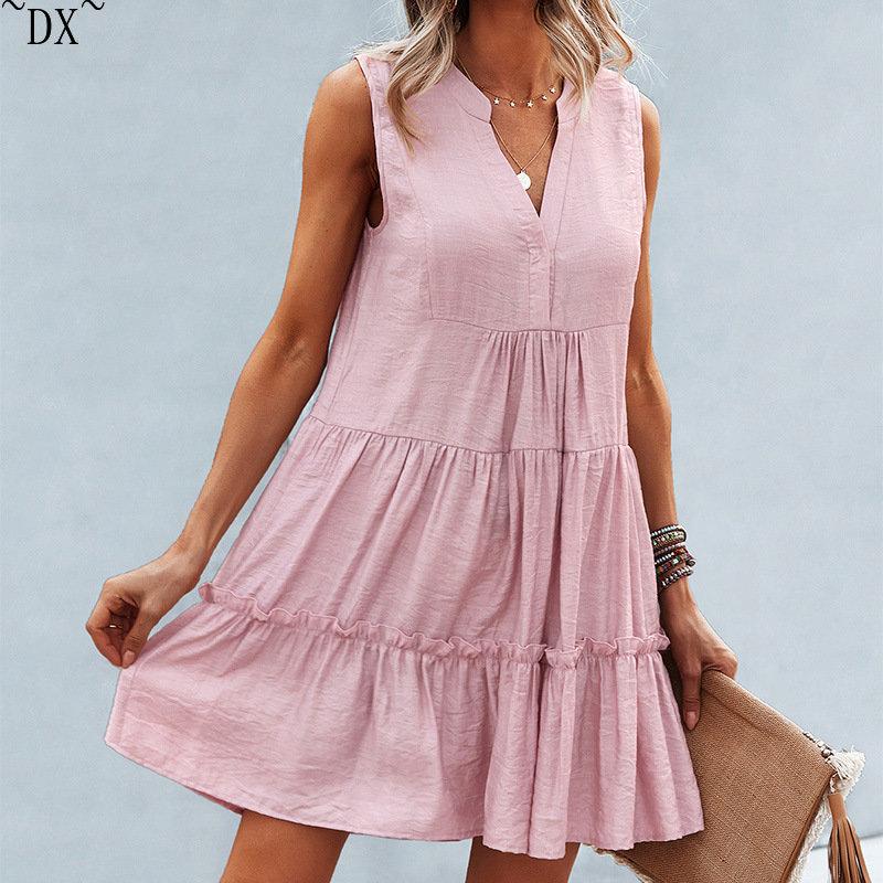 DX~~2023 Summer Europe and America V-neck Sexy Solid Color Dress Irregular Splice Sleeveless Commuter Big Swing Dress Women