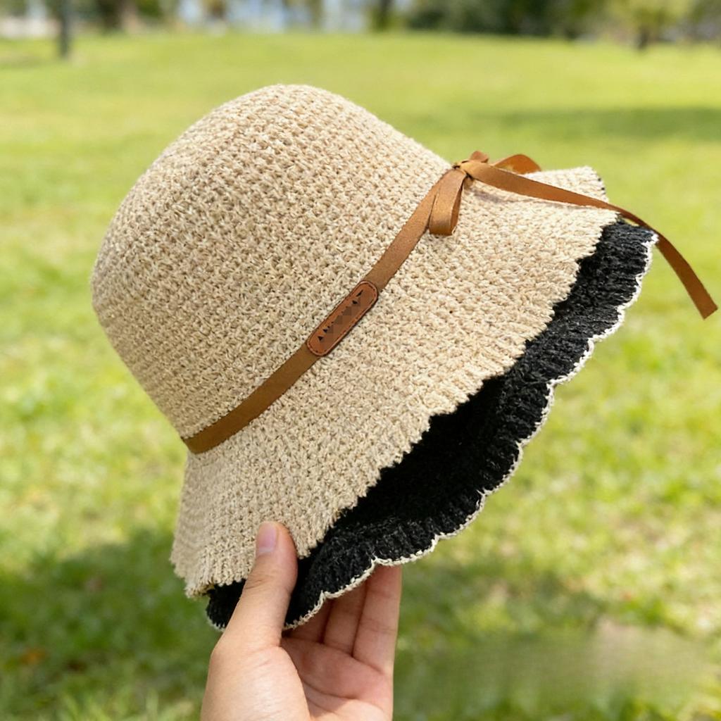 Small Standard Bucket Hat Female Korean Version Tide Brand Spring and Summer Knitted Bucket Hat Japanese Streamer Retro Lace Pot Hat Versatile