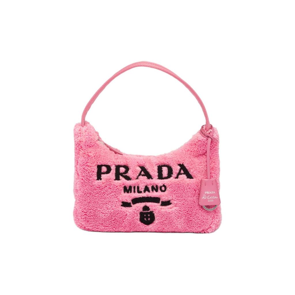 Prada Re-Edition 2000 Embroidered Logo And Enamel Triangle Logo Soft Terry Fabric Hobo Bag Women Bags Pink 1NE515_2DXO_F046J