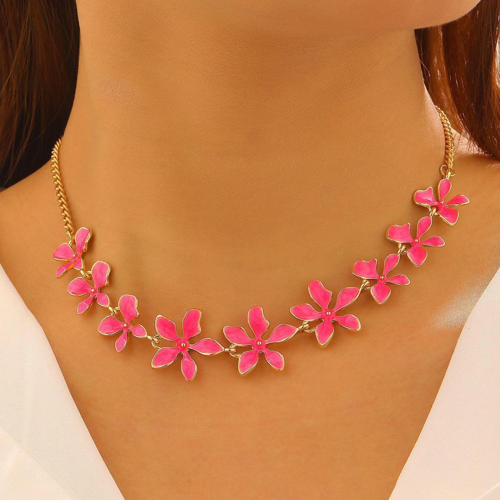 Colorful Geometric Enamel Flower Necklace & Bracelet Set for Women