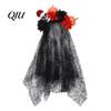 Pumpkin Skull Headband Floral Headband, Stable Hair Hoop with 3D Artificial Flower Flowers And Spiderweb Black Gauze Gothic Halloween Party