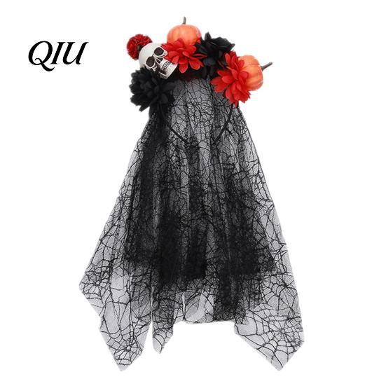 Pumpkin Skull Headband Floral Headband, Stable Hair Hoop with 3D Artificial Flower Flowers And Spiderweb Black Gauze Gothic Halloween Party