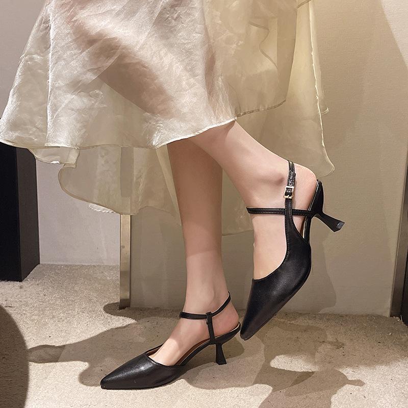 2025 Summer New Bag Head Sandals Women's One-word Versatile Fairy Medium Heel Single Shoes Pointed Stiletto High Heels