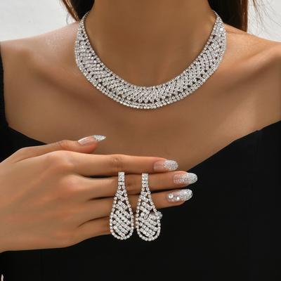 3pcs Classical Luxury All Diamond Hollow Exaggerated Bridal Necklace Earring Set Elegant Banquet Party Women Fashion Accessories