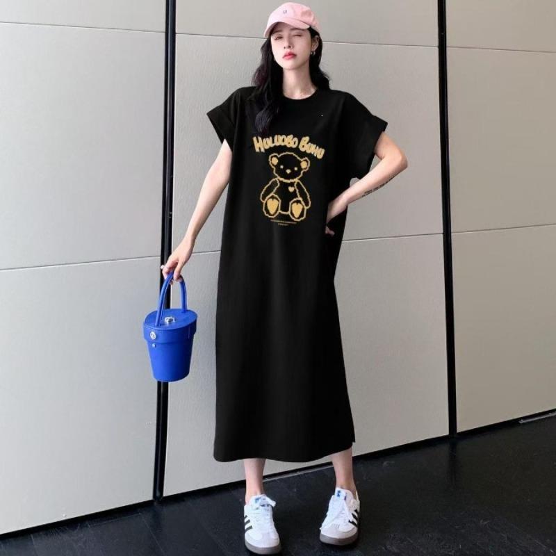 Fun Cartoon Short-sleeved T-shirt Dress for Women, Slimming Long Dress, Knee-length Dress