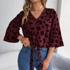 Mode Leopardenmuster Damen Bluse Langarm V-Ausschnitt Hemd Frühling Herbst Temperament Top