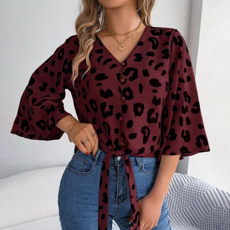 Fashion Leopard Print Women Blouse Long Sleeve V Neck Shirt Spring Autumn Temperament Top