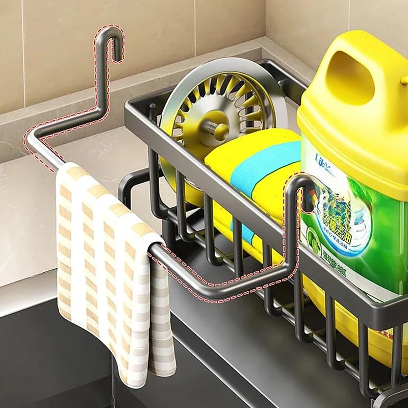 Kitchen Sink Organizer Sponge Holder Dish Cloth Drying Rack with Slanted Drain Tray for Countertop Storage