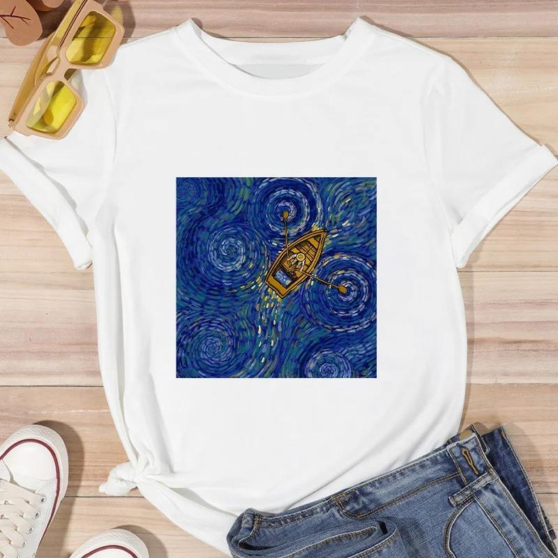 ZX TEE Van Gogh Printed Streetwear Fashion Girls T-Shirts Harajuku White Clothing Short Sleeve Summer Tees Casual Female O-Neck Tops