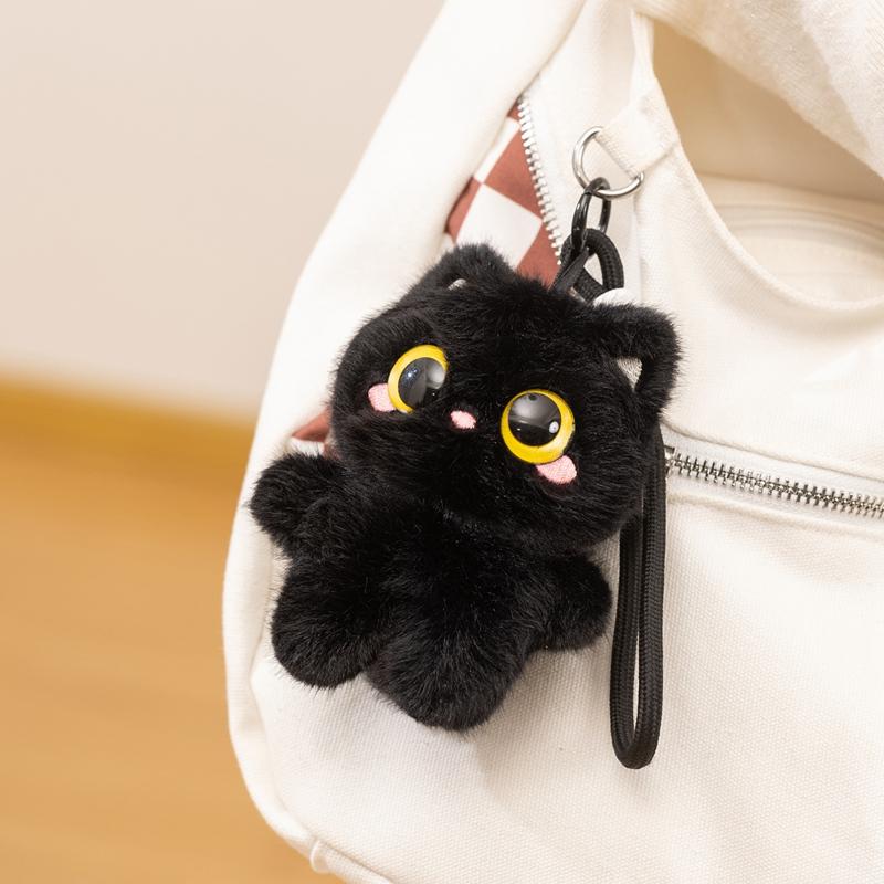 12Cm Black Cat Plush Keychain Squeezable Sound Shoulder Bag Decor Doll Car Pendant Cute Toy Gift For Kids