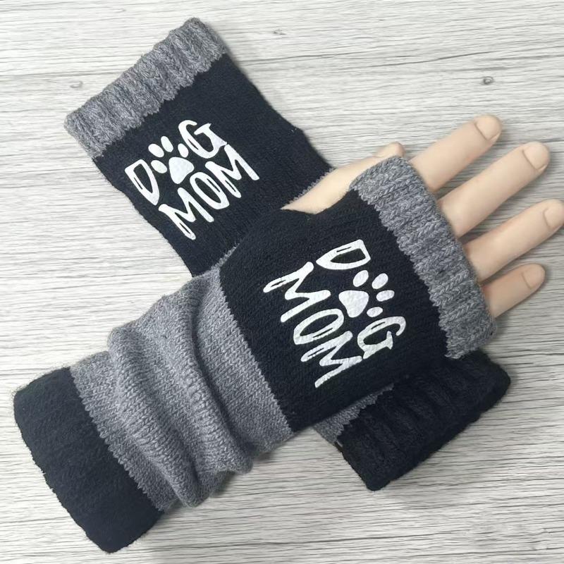 Gants en tricot sans doigts avec broderie de chat et patchwork, Gants décontractés ouverts aux doigts tendance pour femme, Mitaines chaudes d'hiver sans doigts