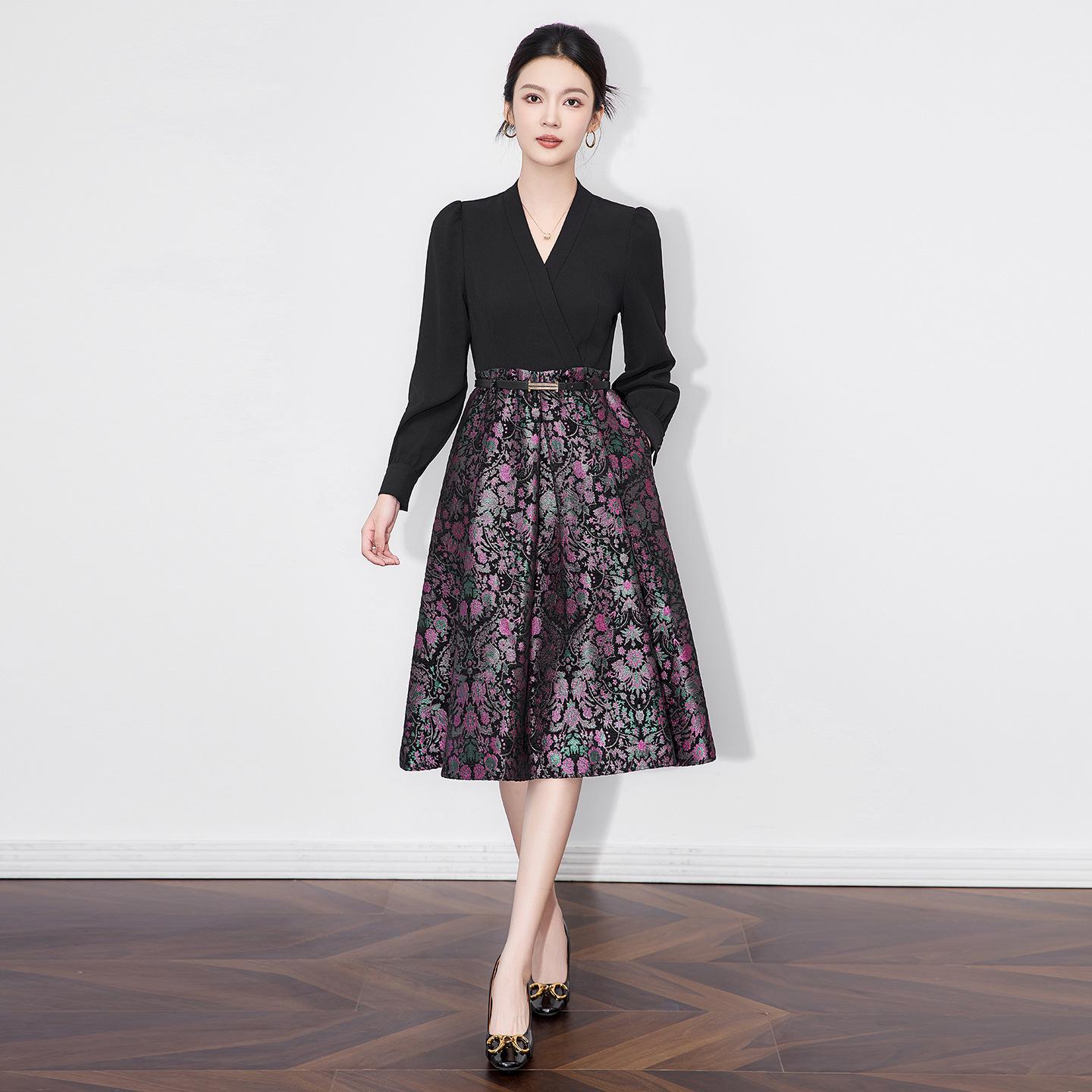 

Luxurious Chenille Jacquard Two-Piece Big Swing Waist-Defining Evening Dress Large чорний