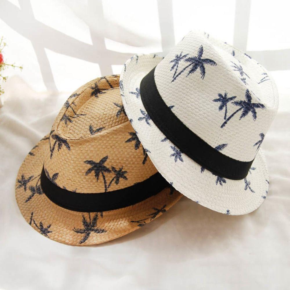 Wide Brim Beach Cap Coconut Trees Pattern Panama Cap Summer Jazz Hat  Children Kids
