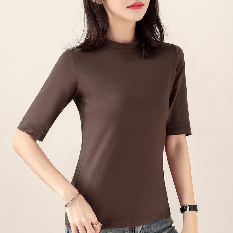 Women's Pure Cotton Three-Quarter Sleeve Slim Fit Mock Neck T-Shirt for Spring and Autumn 2022