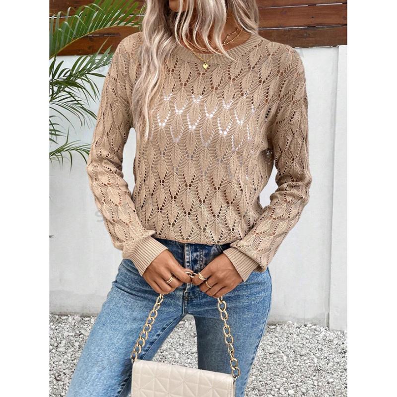 Women's Hollow Knitted Irt Thin Bat Sve Loose Fit Long Sve Round Simple Spring Faion Casual Wear