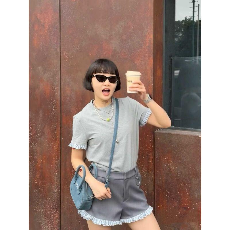 Chic Niche Design Loose Shoulder Short Sleeve T-shirt Contrast Color Stripes Lace Shorts Casual All-Match Suit