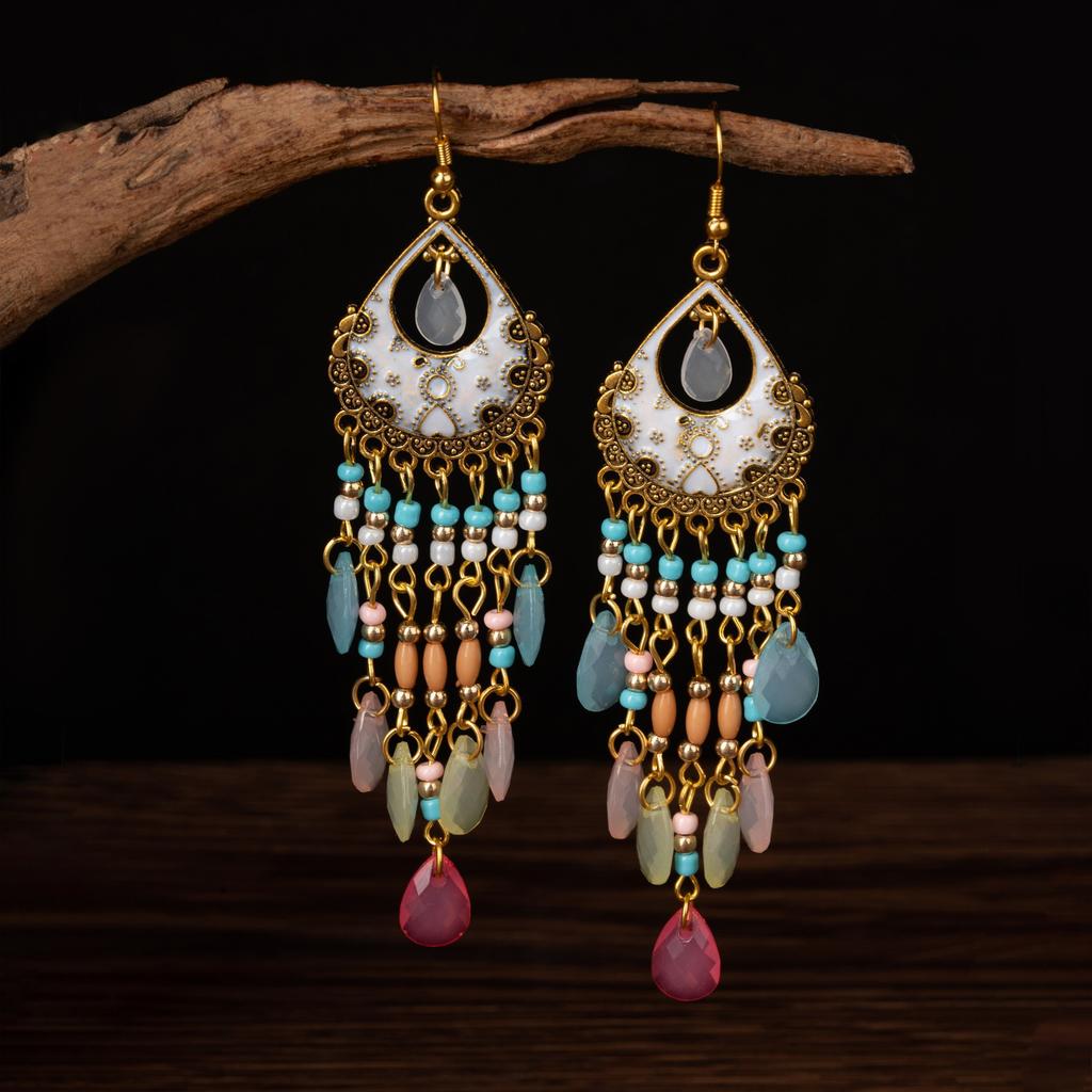 Ethnic Style Crystal Long Fringed Earrings Personalized Photo Show Face Thin Exaggerated Earrings Bohemian Travel Jewelry