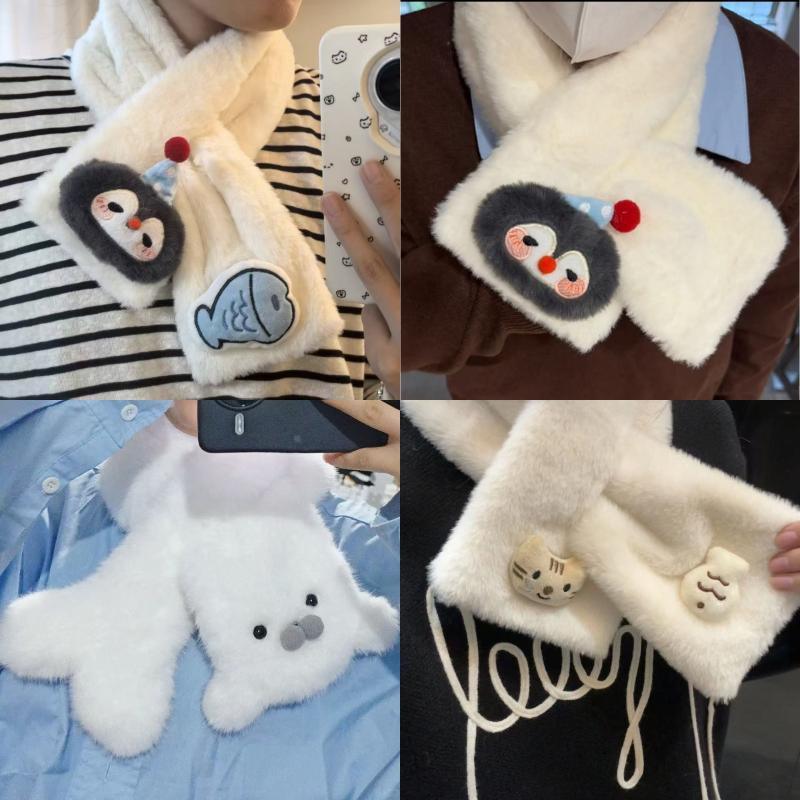 Cute Fish And Penguin Scarf Student Cartoon Seal Cross Furry Scarf Neck-Protecting Kawaii Girls Winter Warm Plush Scarf
