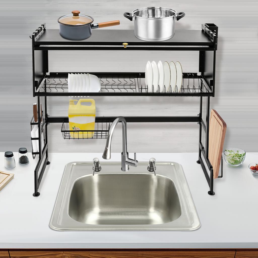 85x30x80cm 2 Tiers Large Capacity Dish Drain Rack with Cabinet Door Suitable for Home, Coffee Shops