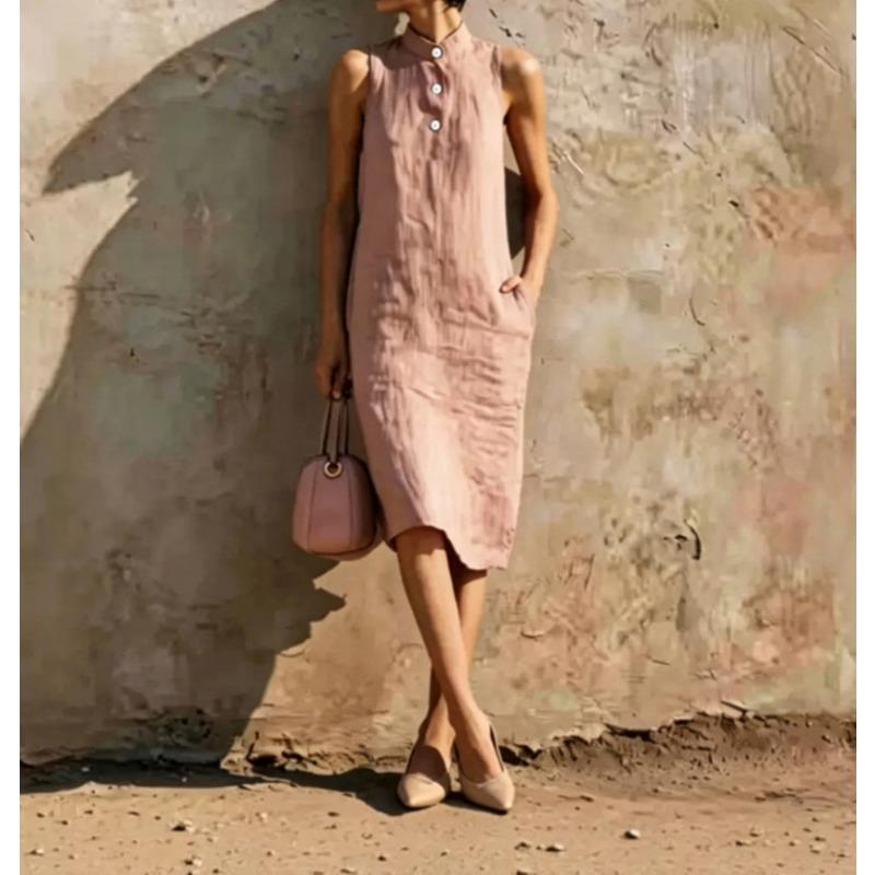 Abito Midi Casual da Spiaggia da Donna, Aderente, Senza Maniche, Colore Unito, Linea A
