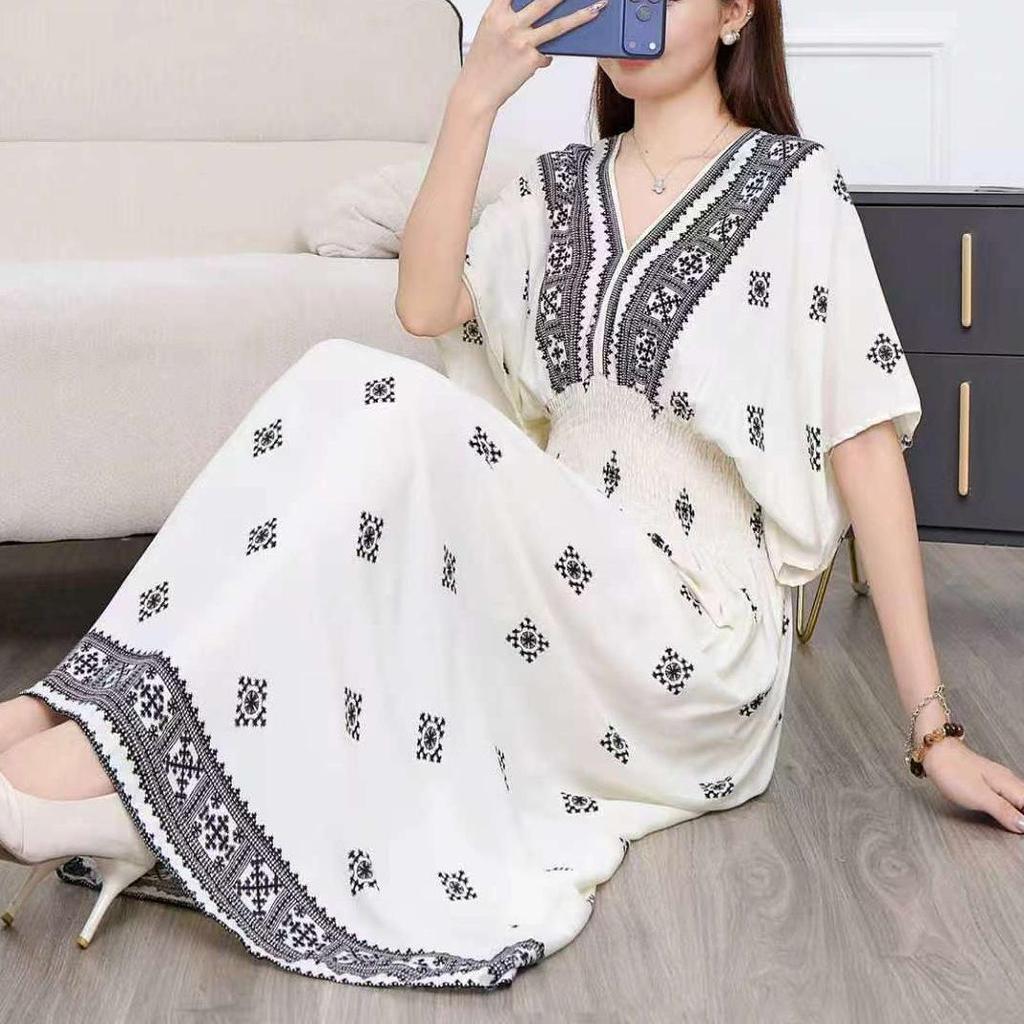 26-Year Floral V-Neck Cotton Silk Batwing Sleeve Beach Dress - Thailand Travel & Vacation Skirt Style