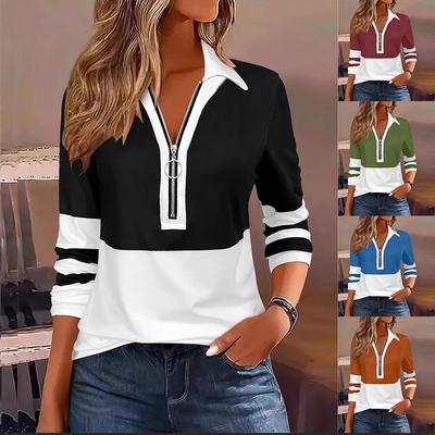 2025 European and American Women's Casual Long Sleeve Zipper T-shirt with Turn-Down Collar and Printed Design.