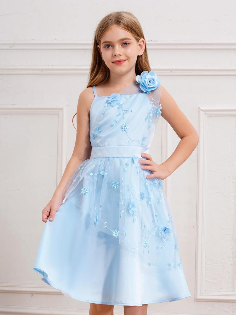 Sukienka tiulowa dla dziewczynki na urodziny, z dżetami, na wesele, na przyjęcie, dla dzieci, niebieska, elegancka, szykowna, kokarda, halter, bez rękawów, suknia wieczorowa