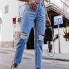 Women Button High Waist Pocket Elastic Hole Jeans Trousers Slim Denim Pants