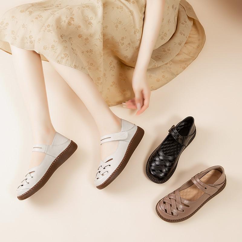 Johnature Flat Sandals For Women Breathable Genuine Leather Soft Soled Casual Round Toe Women's Shoes