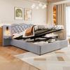 Tweepersoonsbed 180x200cm Plat Bed, Gestoffeerd Geïntegreerd Hoofdbord, Hydraulisch Hefmechanisme, Zacht met LED-Verlichtingsstrip USB-Aansluiting, Twee