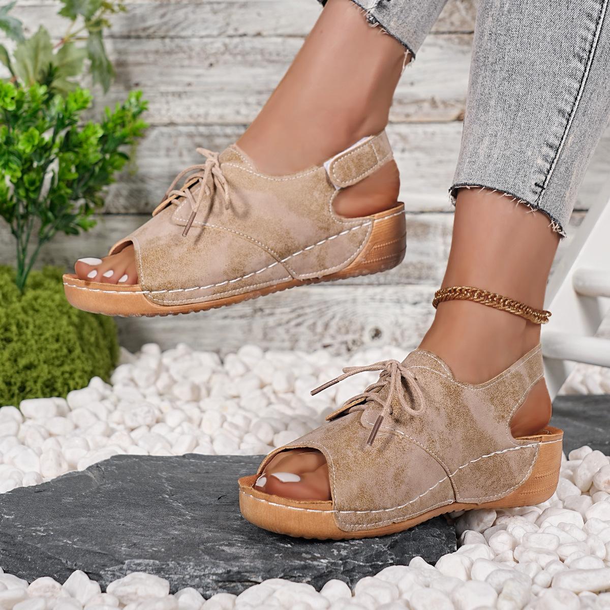 

Large size slope heel casual sandals women s summer 2025 new Velcro color collage fashion explosion sandals women 36 хаки