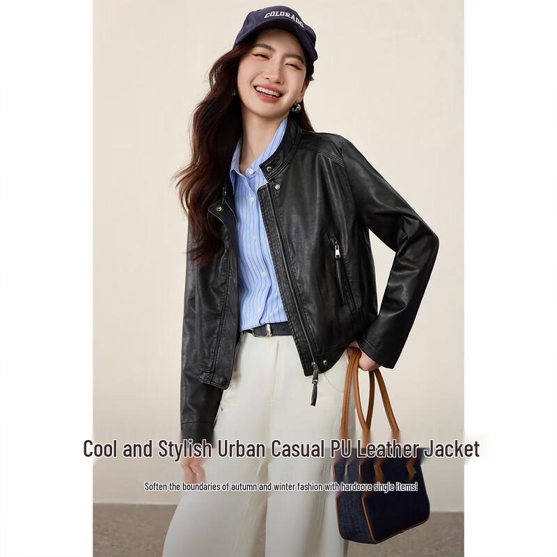 Shangdou Bila Women's Stand Collar PU Leather Motorcycle Jacket
