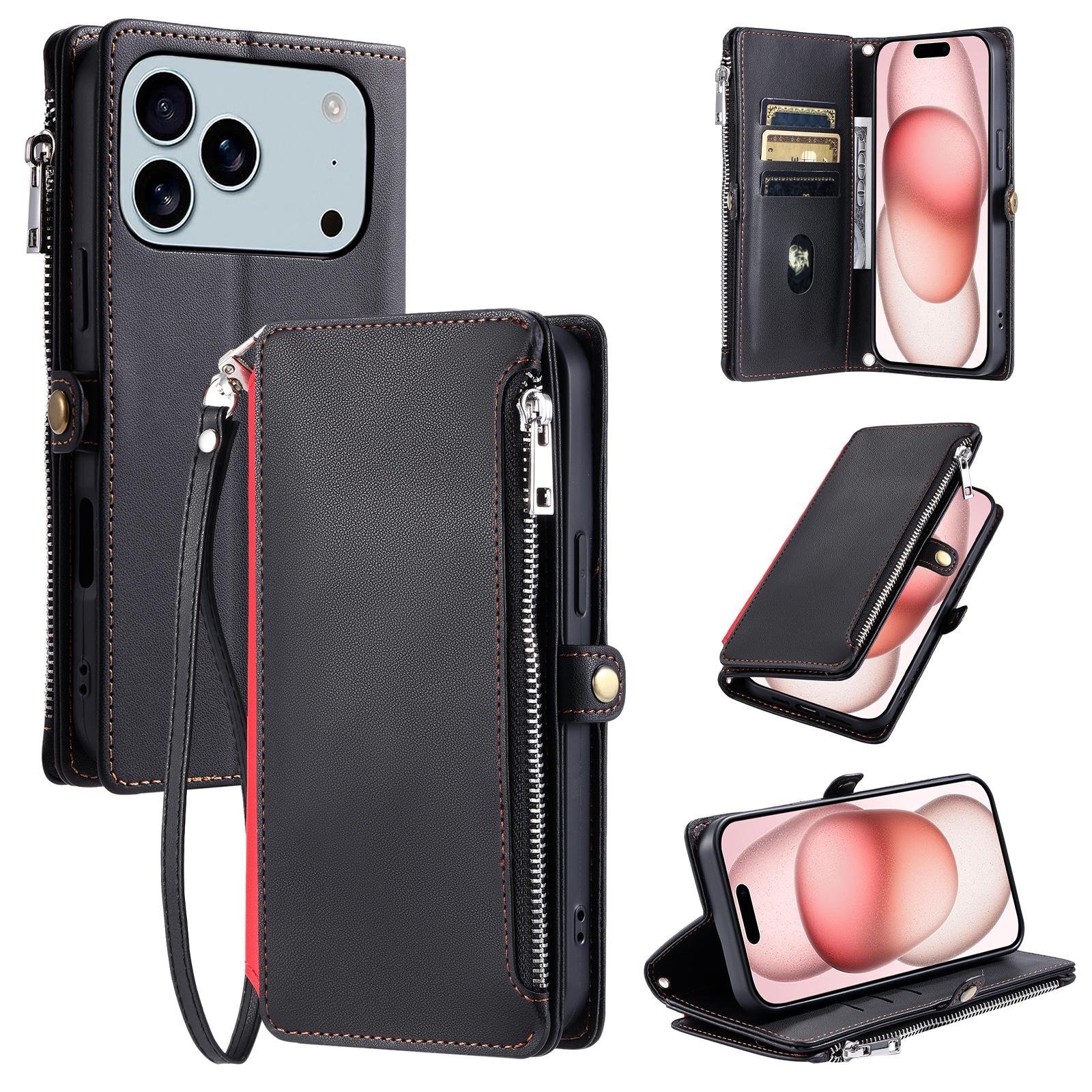 

For iPhone 17 Pro Max Case TPU+PU Leather Wallet Phone Cover with Wrist Strap Black
