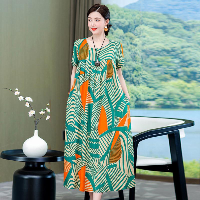 2 Neues hochwertiges florales Baumwoll-Seiden-Kleid für Damen-Sommer-Temperament, Bauchbedeckung für Mütter, große Größe künstliche Baumwolle langer Rock