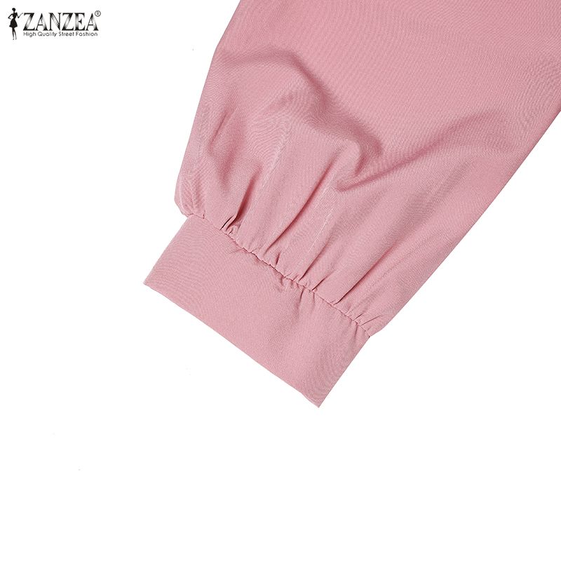 ZANZEA Women Muslim Casual Round Neck Loose Long Sleeve Pleated Long Dress