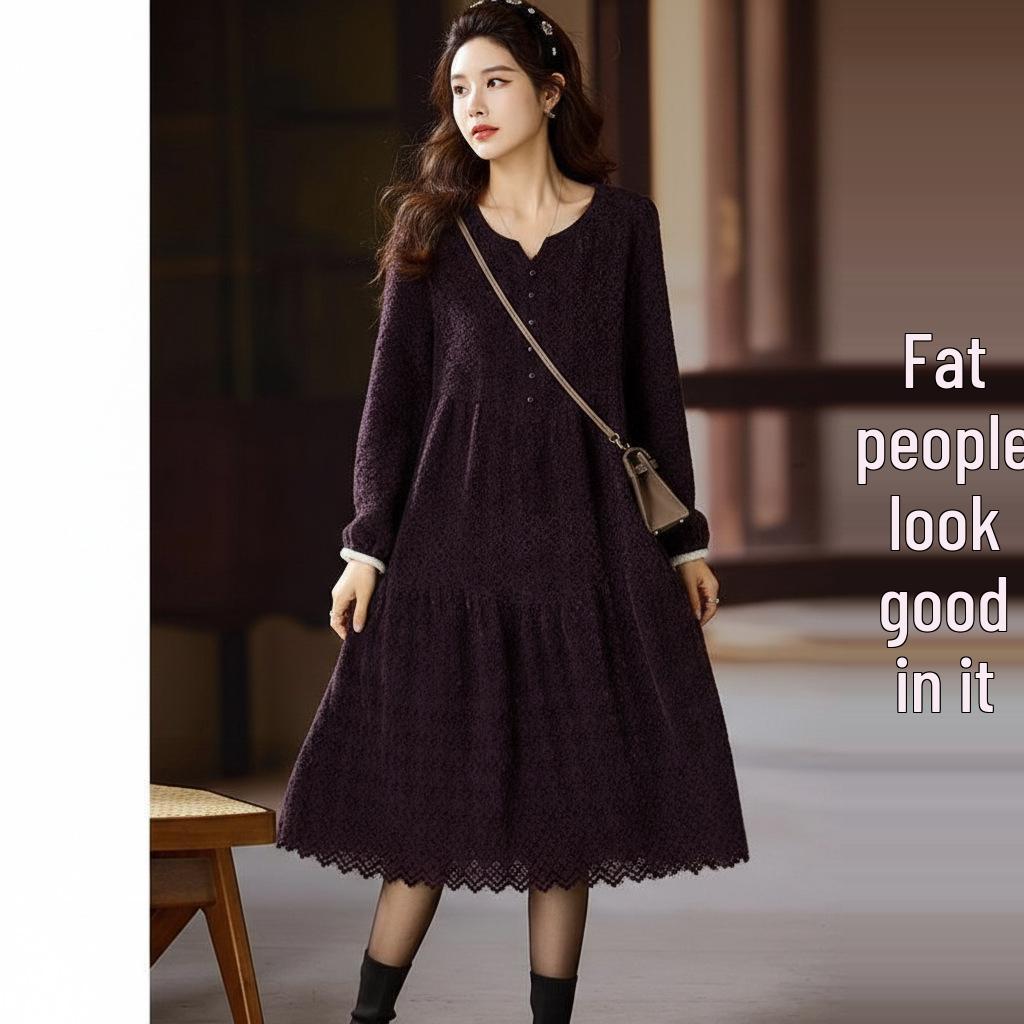 

Elegant Plus Size Lace Long-Sleeve Dress for Women - 2025 European Autumn Collection XL темно-фіолетовий колір