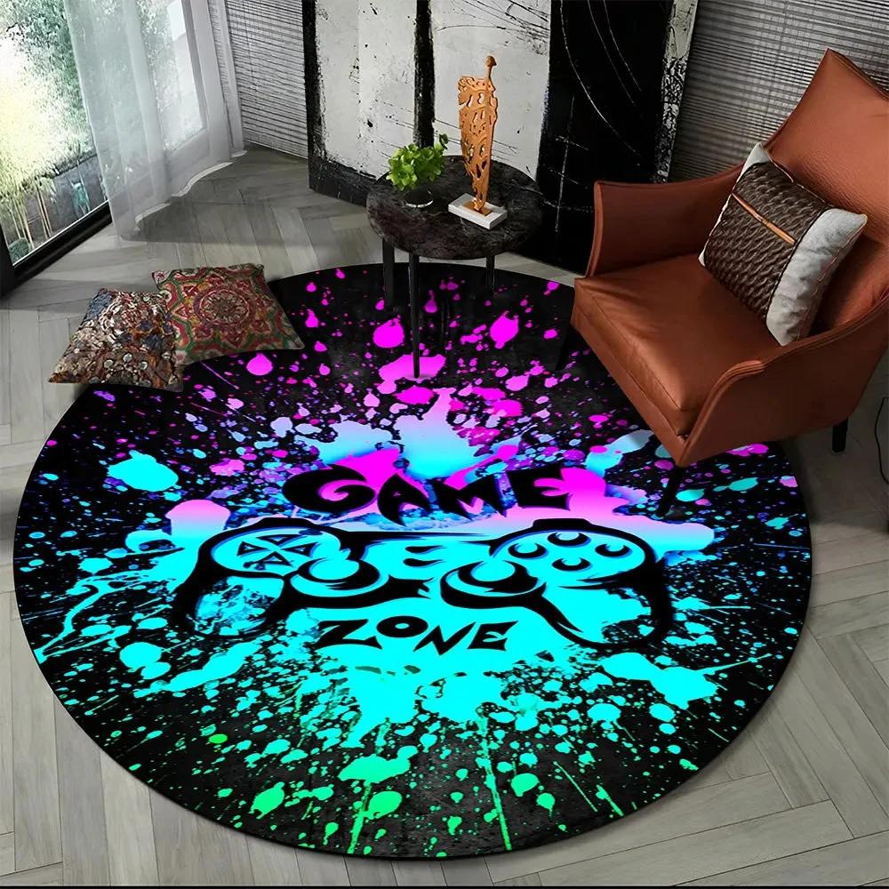Game Controller Round Area Rug Cartoon Gamer Circle Carpet Rug for Living Room Children's Bedroom Sofa Decor Non-slip Floor Mat