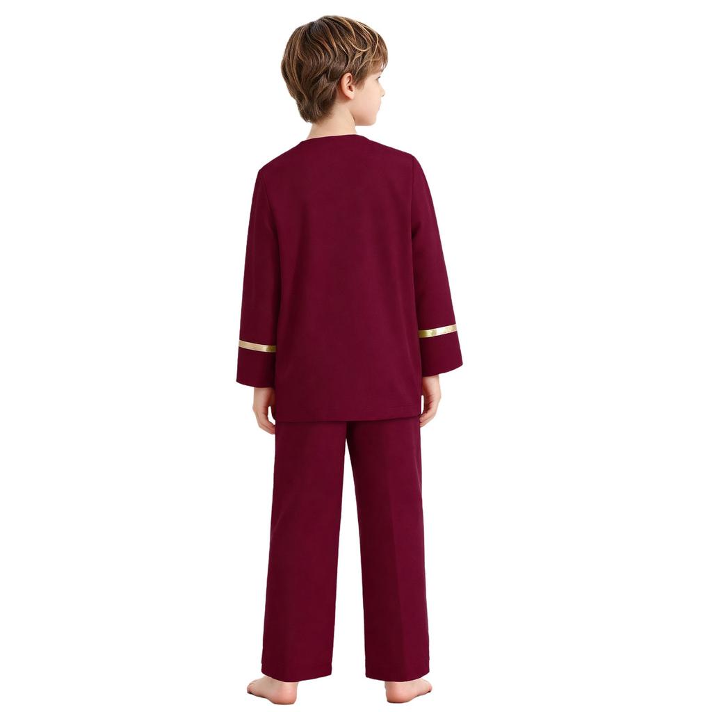 Kids Boys Church Performance Set: Long Sleeve Metallic Patchwork Top & Wide-Leg Pants with Elastic Waistband for Praise Dance
