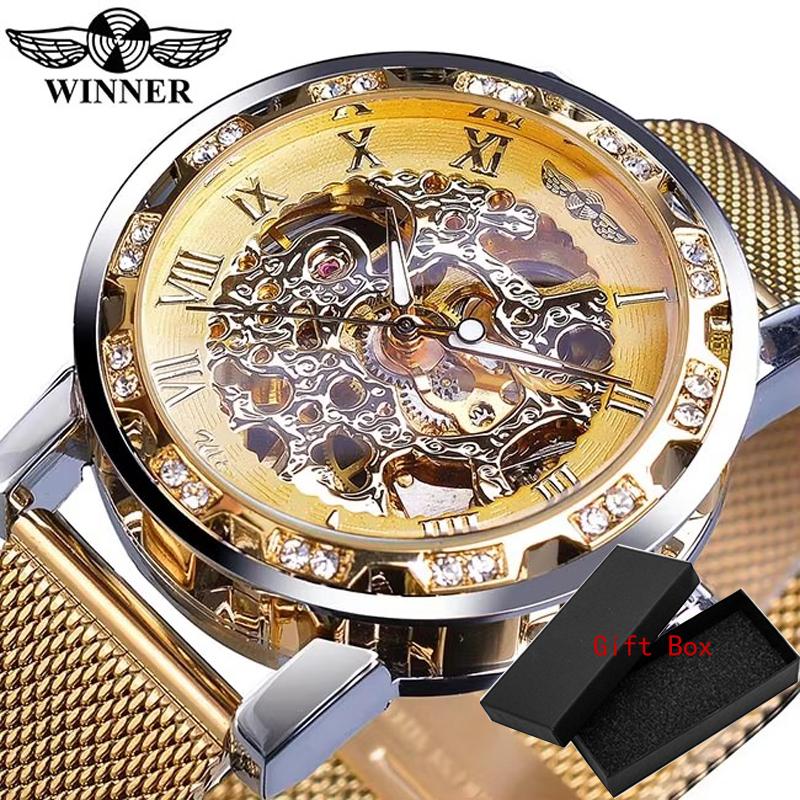 Winner Casual Mechanical Watches For Men Golden Roman Fashion Stainless Steel Belt Mesh Strap Wristwatch Clock Relogio Masculino