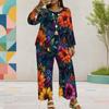 Damen Übergröße Bedrucktes Rundhals Langarm Lagen-Oberteil Weit geschnittene Cropped Hose Zweiteiliges Set