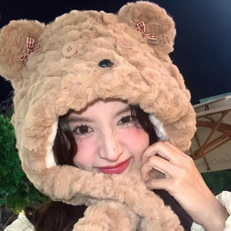 

Autumn Winter Cartoon Bear Plush Button Hat Scarf and Hat Integrated Thickened Windproof Warm Neck Warmer Hat one size