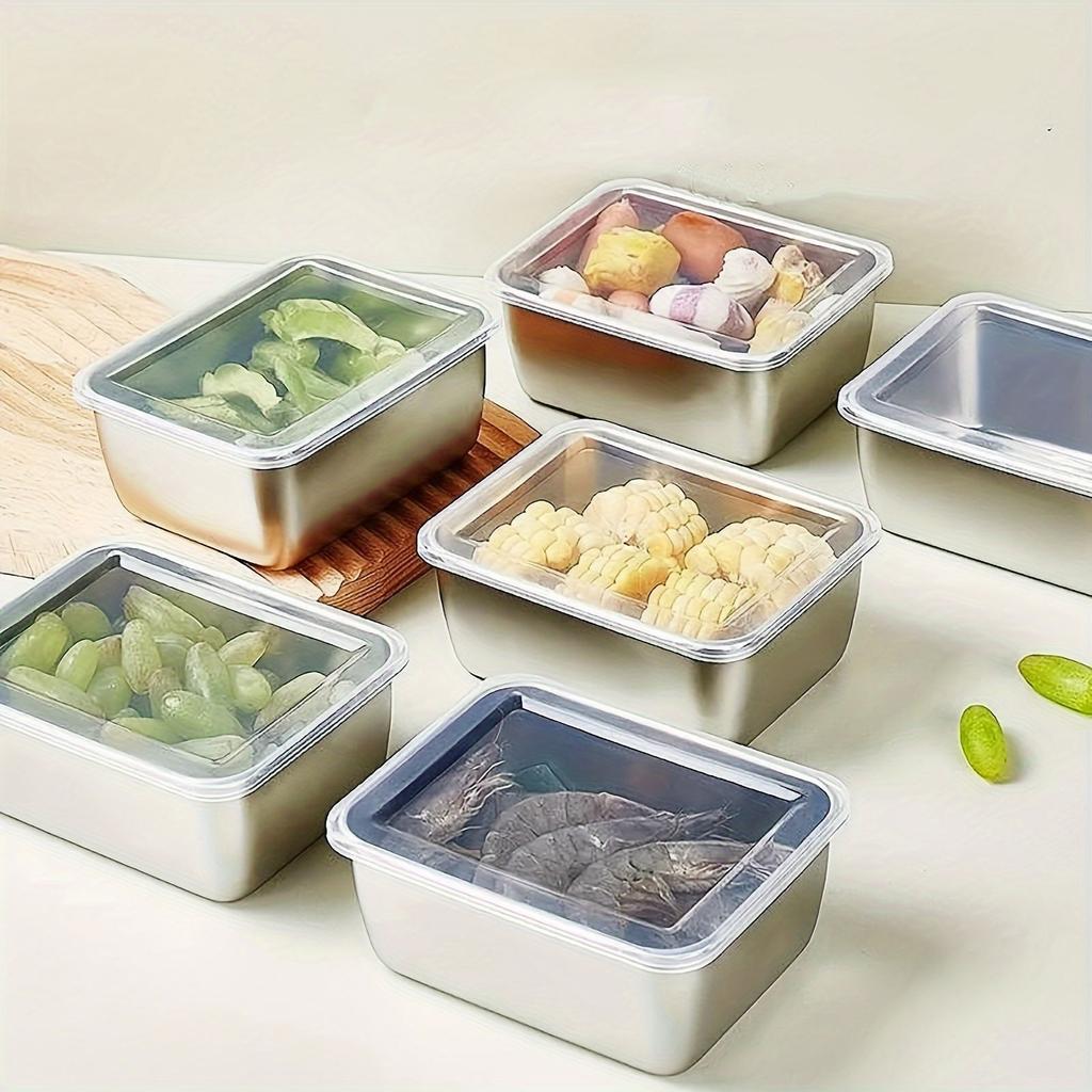 Nerezová ocelová nádoba na čerstvé potraviny, obdélníkový piknikový bento tác, úložný box do lednice s mrazákem, restaurační talíř
