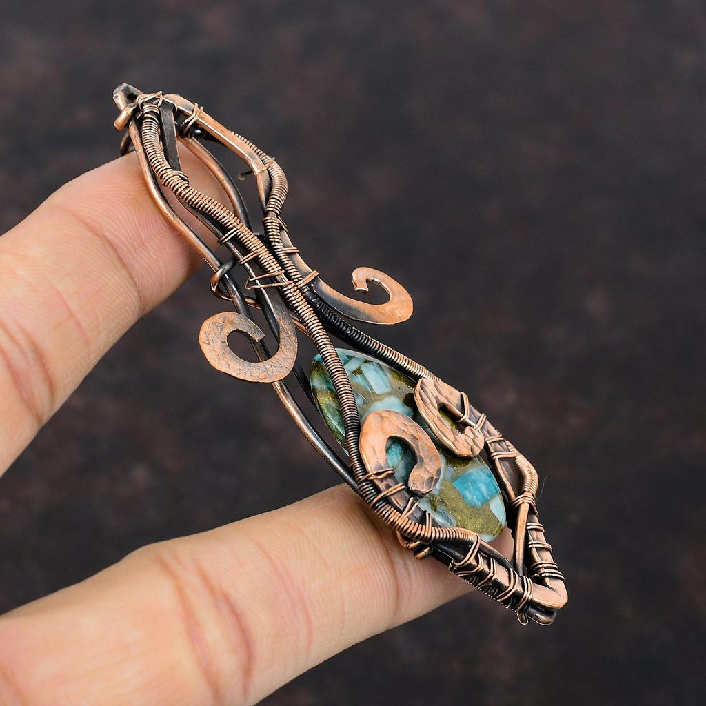 Copper Amazonite Pendant Copper Wire Wrapped Jewelry Gemstone Pendant Handmade Copper Pendant Antique Jewelry Wire Wrapped Pendant For Gift